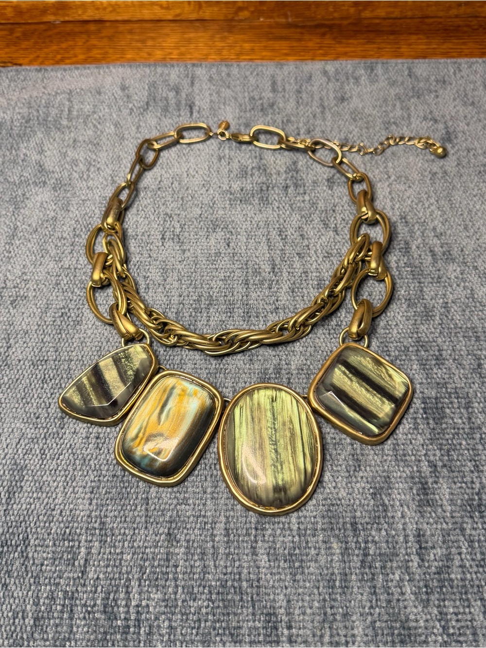 CHICO’S Gold-Tone Statement Necklace with Iridescent Green Stones